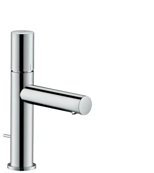 Einhebel-Waschtischmischer in Edelstahl-Optik von AXOR mit hohem Auslauf und Zugstangen-Ablaufgarnitur. Schlichte Formgebung, ideal für moderne Badezimmer.
